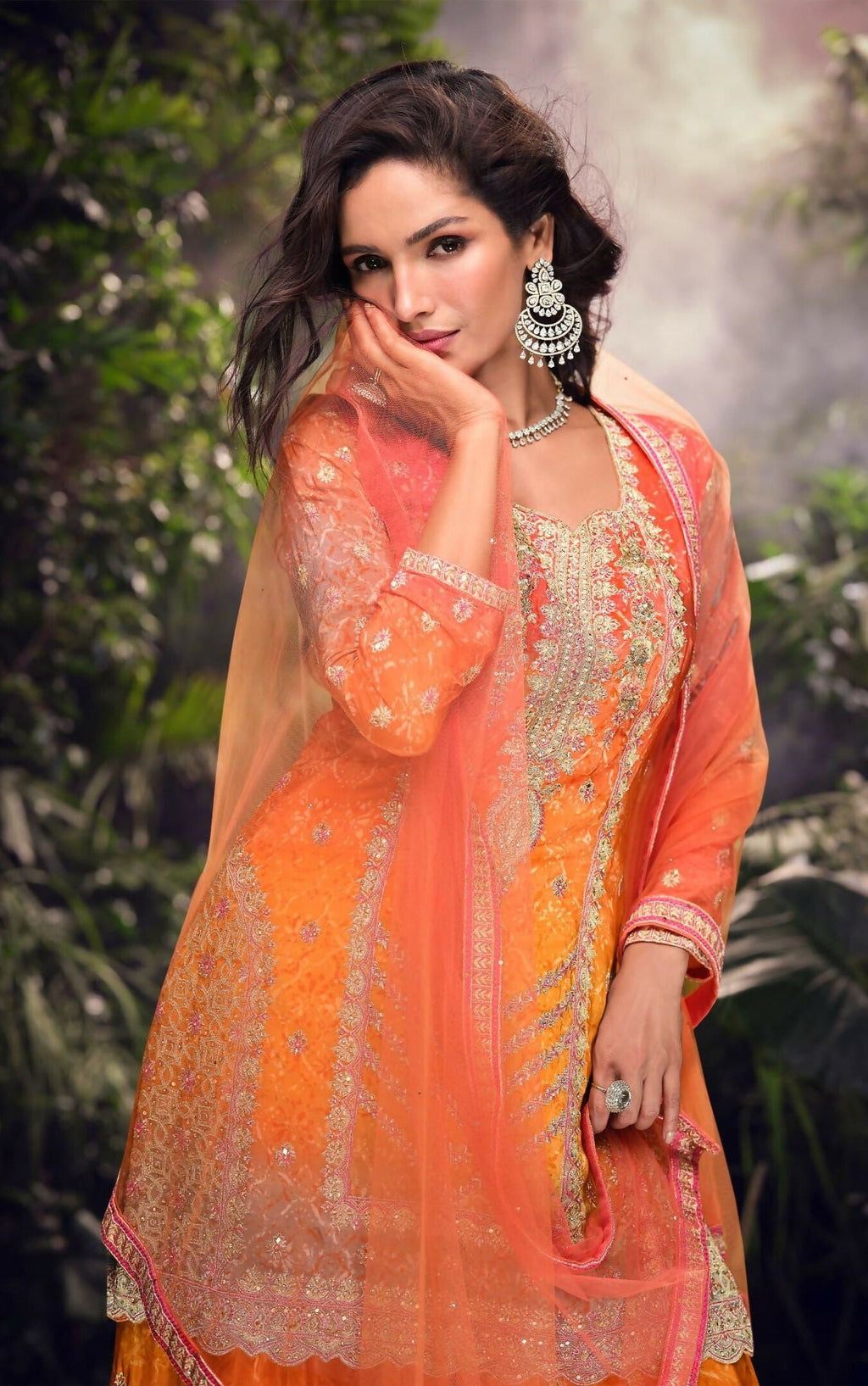 Anaita Orange Chinon Stitched Suit with Embroidery & Sequence Work | Grocsy
