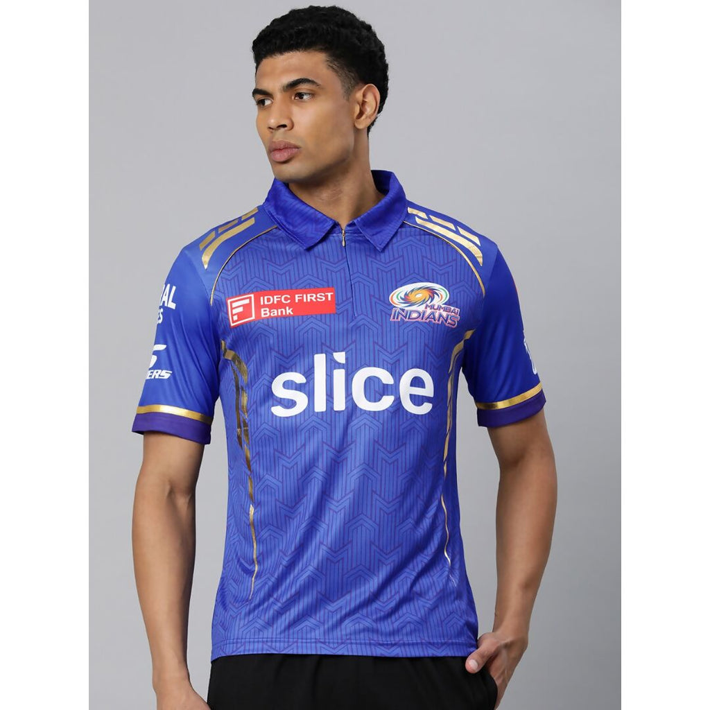 playR Men Printed Polo Collar Dri-FIT MI Official Match Jersey T-shirt IPL, T20 | Grocsy