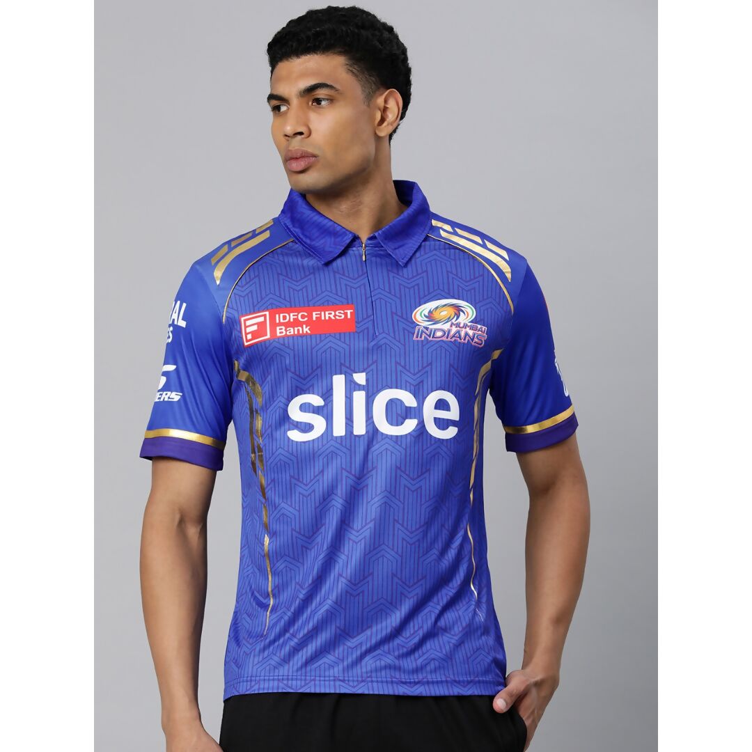 playR Men Printed Polo Collar Dri-FIT MI Official Match Jersey T-shirt IPL, T20 | Grocsy