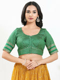 Joban Fashion Green Brocade Padded Blouse With Round Neck Elbow Sleeves | Grocsy