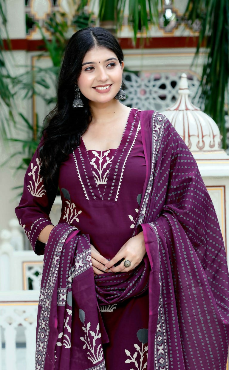 Miravan Women's Cotton Fabric Purple Kurta With Palazzo And Dupatta | Grocsy