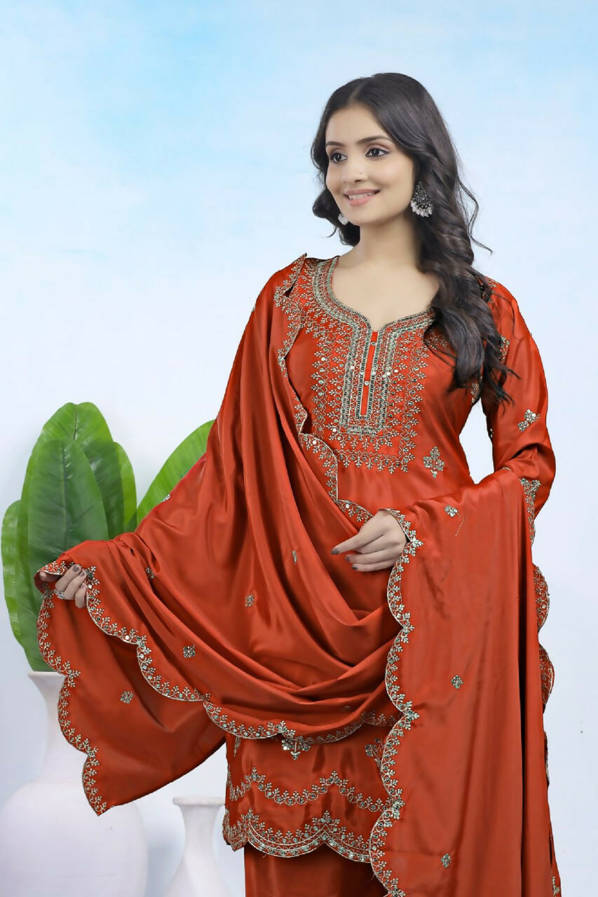 Teeya Creation Dark Orange Color Natural Crepe Silk Wedding Wear Trending Salwar Suit | Grocsy