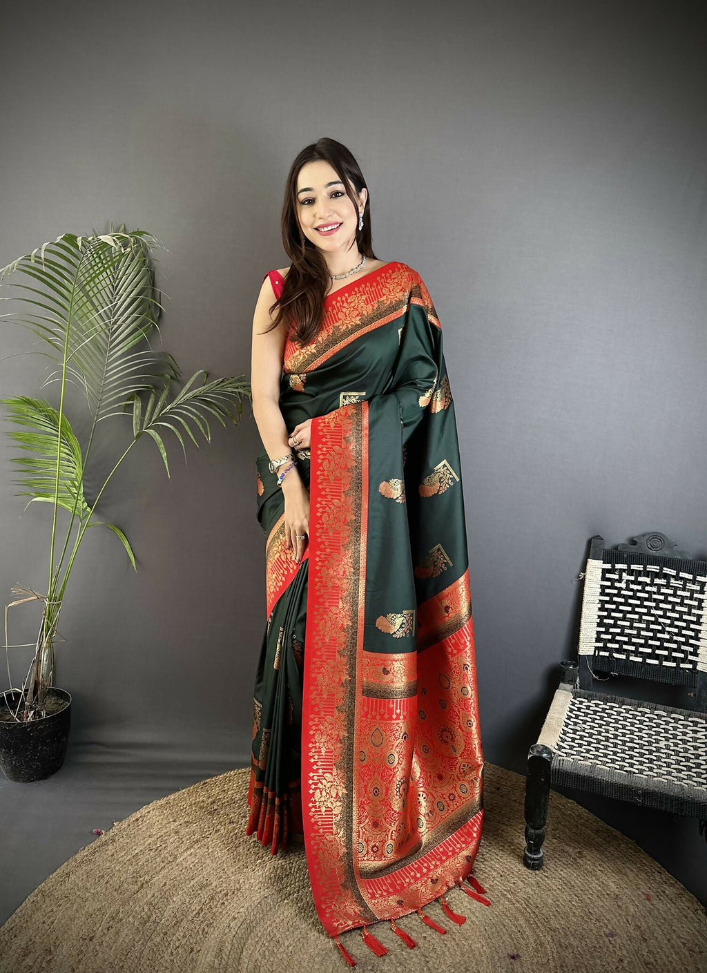 Joban Fashion Dark Green Banarasi Soft Silk Peacock Butta Work Saree | Grocsy