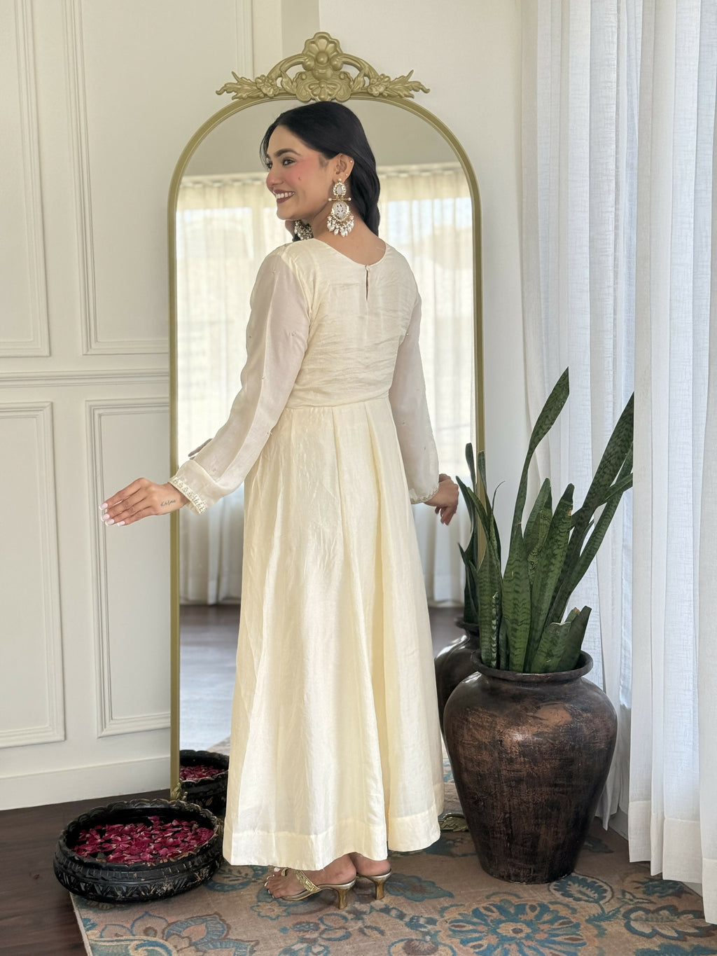 The52 CreamWomen's Gorgeous Embroidered Vichitra Silk Fabric Flared Kurta Pant with Dupatta Set | Grocsy