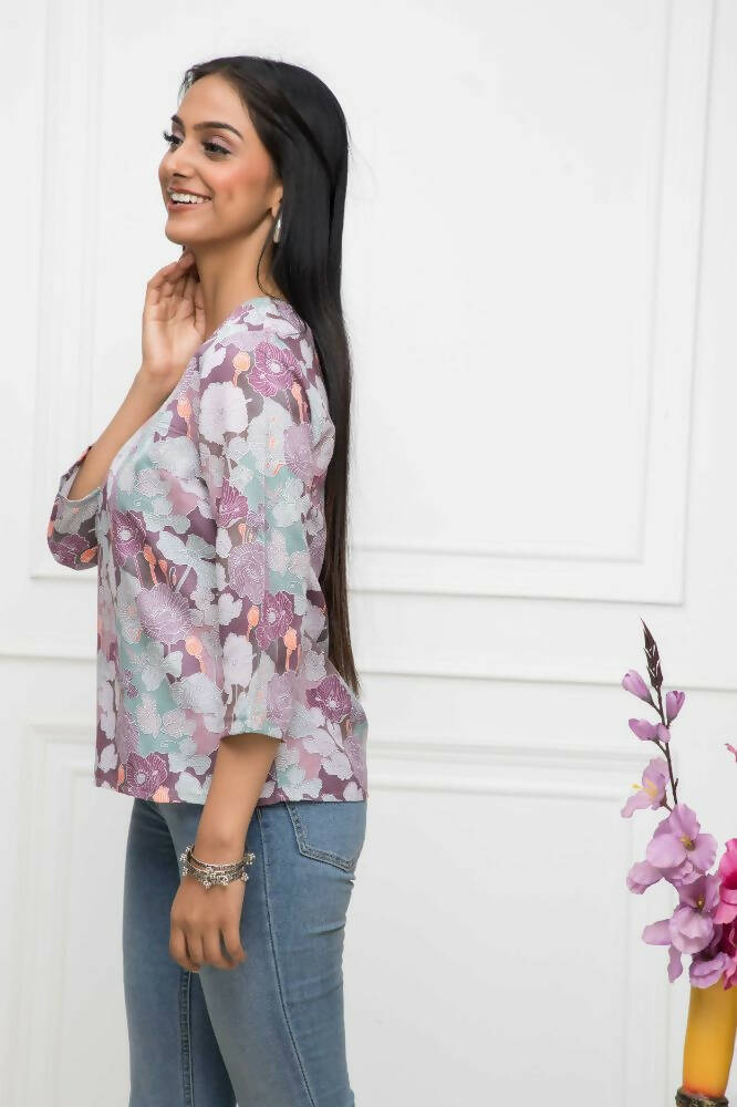Myshka Women Multi-Floral V-Neck Regular Sleeves Viscose Rayon Top | Grocsy