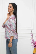 Myshka Women Multi-Floral V-Neck Regular Sleeves Viscose Rayon Top | Grocsy