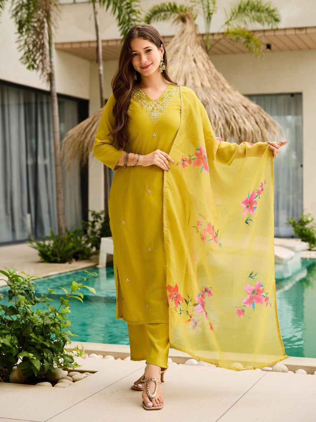 The52 Yellow Embroidered Rayon Slub Fabric Straight Kurta, Pant and Dupatta Set | Grocsy