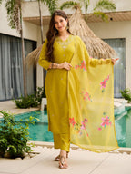 The52 Yellow Embroidered Rayon Slub Fabric Straight Kurta, Pant and Dupatta Set | Grocsy