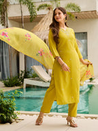 The52 Yellow Embroidered Rayon Slub Fabric Straight Kurta, Pant and Dupatta Set | Grocsy