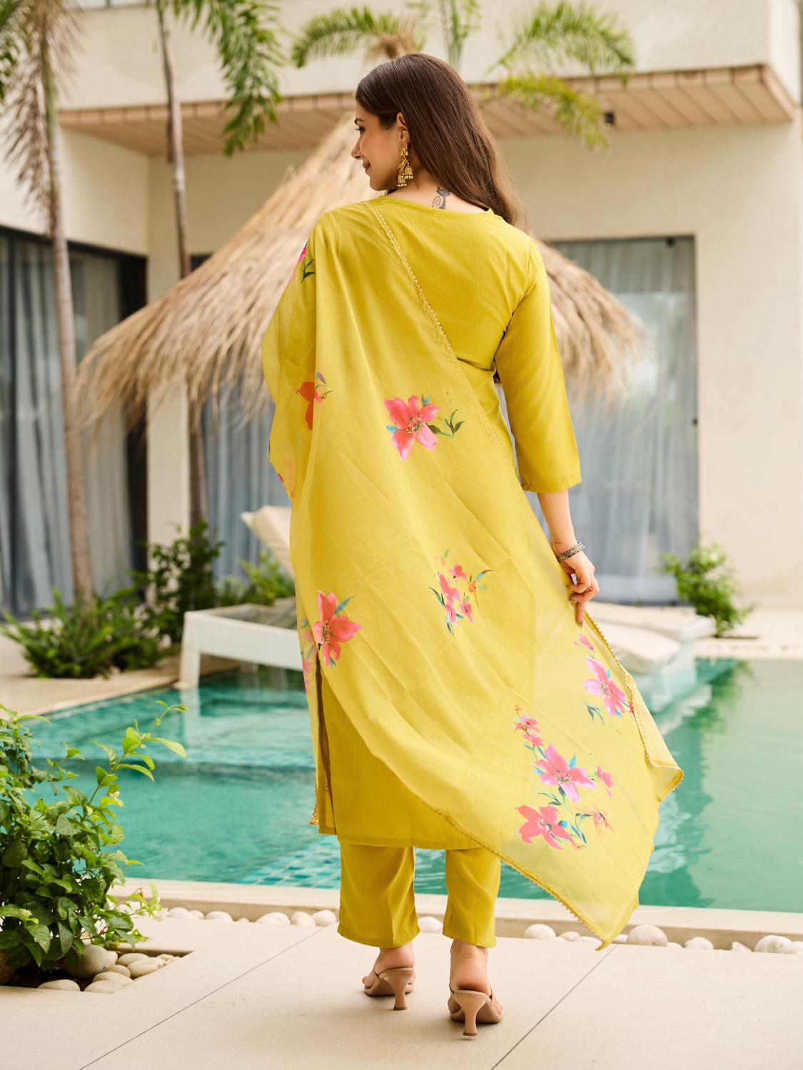 The52 Yellow Embroidered Rayon Slub Fabric Straight Kurta, Pant and Dupatta Set | Grocsy