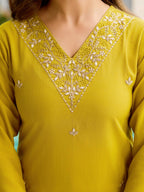 The52 Yellow Embroidered Rayon Slub Fabric Straight Kurta, Pant and Dupatta Set | Grocsy