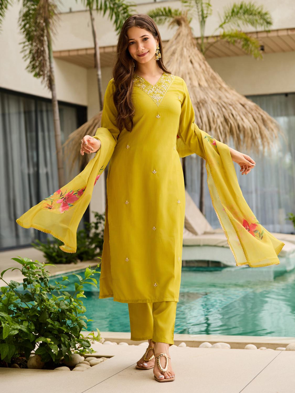 The52 Yellow Embroidered Rayon Slub Fabric Straight Kurta, Pant and Dupatta Set | Grocsy