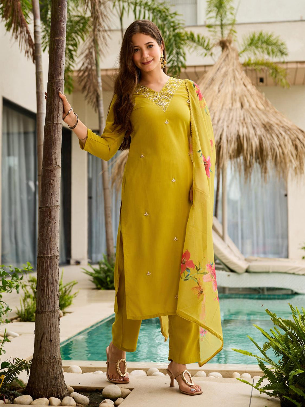 The52 Yellow Embroidered Rayon Slub Fabric Straight Kurta, Pant and Dupatta Set | Grocsy