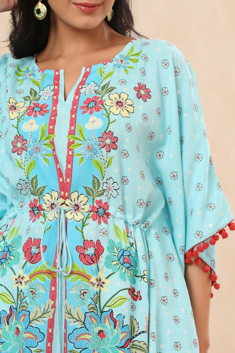 Juniper Sky Blue Floral Printed Calf-Length Rayon Kaftan. | Grocsy