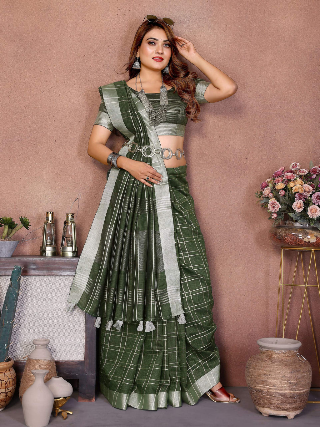 Aastha Fashion Mehndi Linen Weaving Saree | Grocsy
