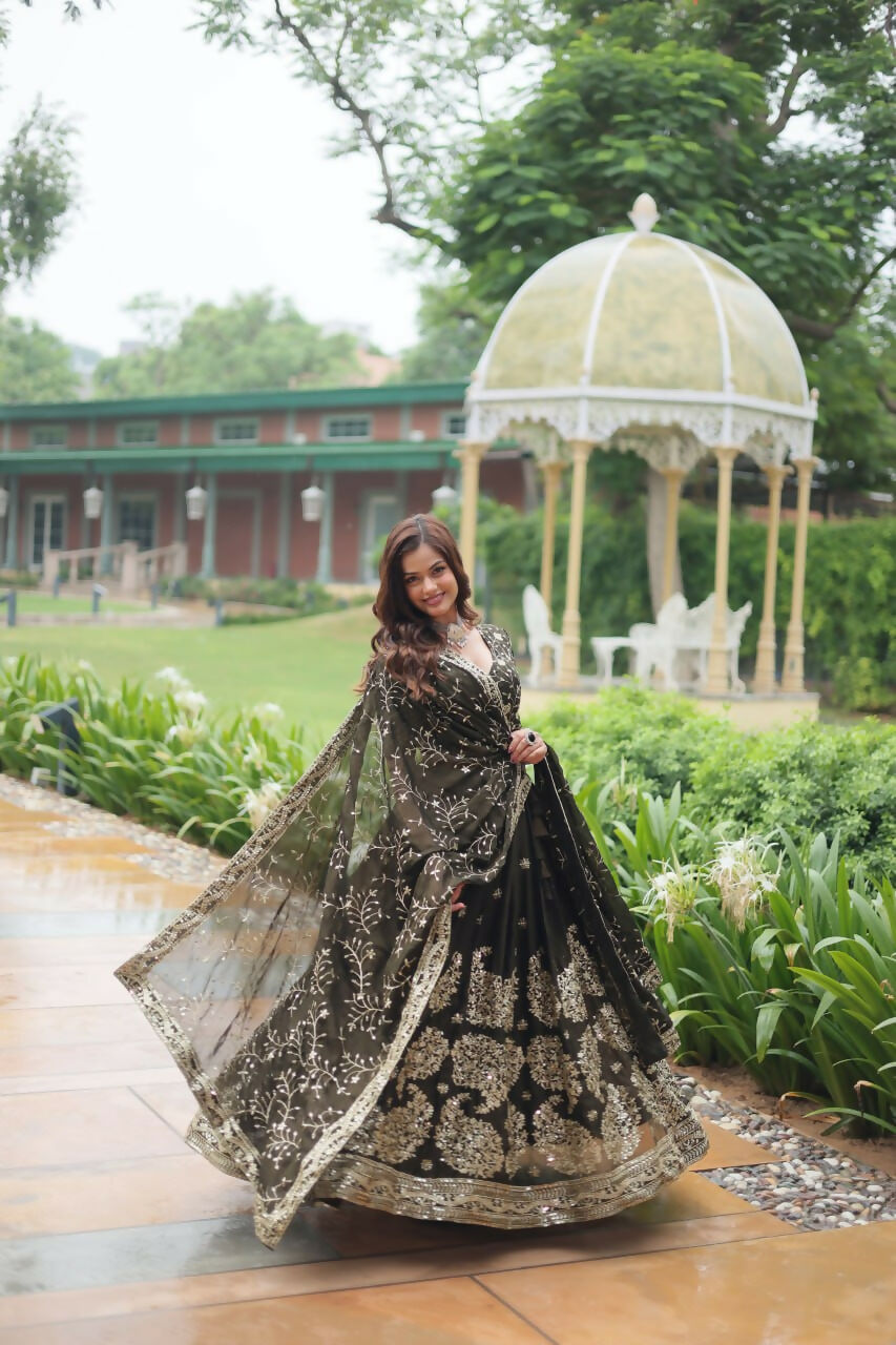 Vastranavya Designer Heavy Sequins & Thread Embroidered work Lehenga Choli - Olive Green | Grocsy