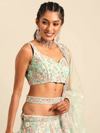 House of Panchhi Lime Green Net Sequins, Mirror and thread embroidery Lehenga choli & Dupatta | Grocsy