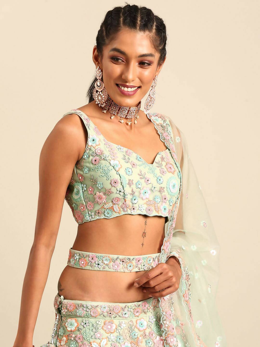 House of Panchhi Lime Green Net Sequins, Mirror and thread embroidery Lehenga choli & Dupatta | Grocsy