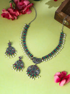 NVR Women Stone Studded Oxidised Silver Jewellery Set | Grocsy