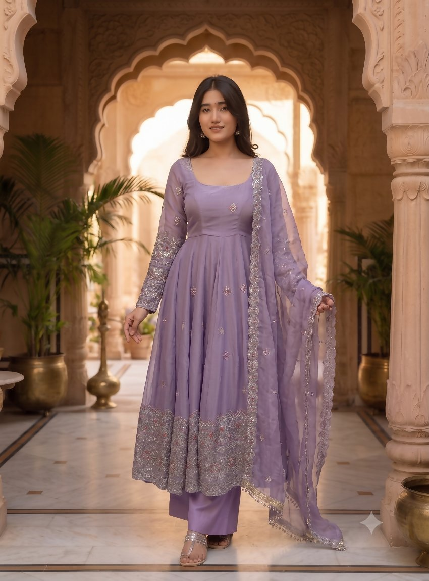Teeya Creation Designer Lavender Ethnic Suit Set With Heavy Embroidery And Dupatta | Grocsy