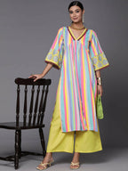 Ahalyaa Women Neon Green & Blue Candy Striped Kurta with Palazzos | Grocsy