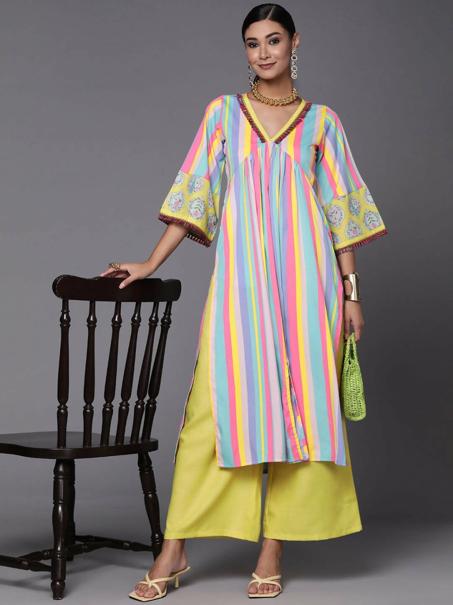 Ahalyaa Women Neon Green & Blue Candy Striped Kurta with Palazzos | Grocsy