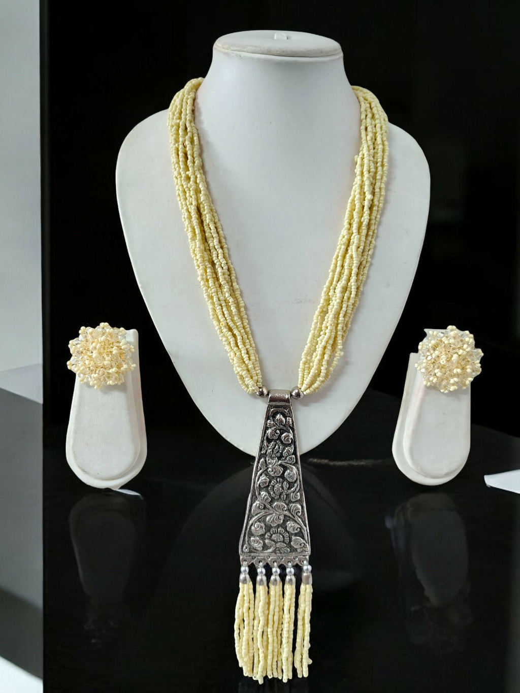 Inhanns Day-To-Dinner Tie Shaped Oxidized Black Metal Multi-Layered Long Necklace Set - Cream | Grocsy