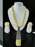 Inhanns Day-To-Dinner Tie Shaped Oxidized Black Metal Multi-Layered Long Necklace Set - Cream | Grocsy