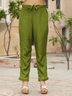 Juniper Women's The Swarn Mehndi Green Thread Embroidered Viscose Kurta Pant And Dupatta With Mirror & Zari work | Grocsy