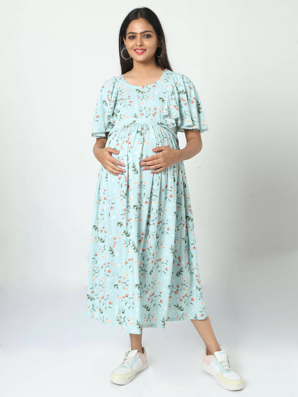 Manet Frill With Sleeve Maternity Dress Floral Print With Concealed Zipper Nursing Access - Green | Grocsy