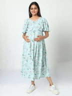 Manet Frill With Sleeve Maternity Dress Floral Print With Concealed Zipper Nursing Access - Green | Grocsy