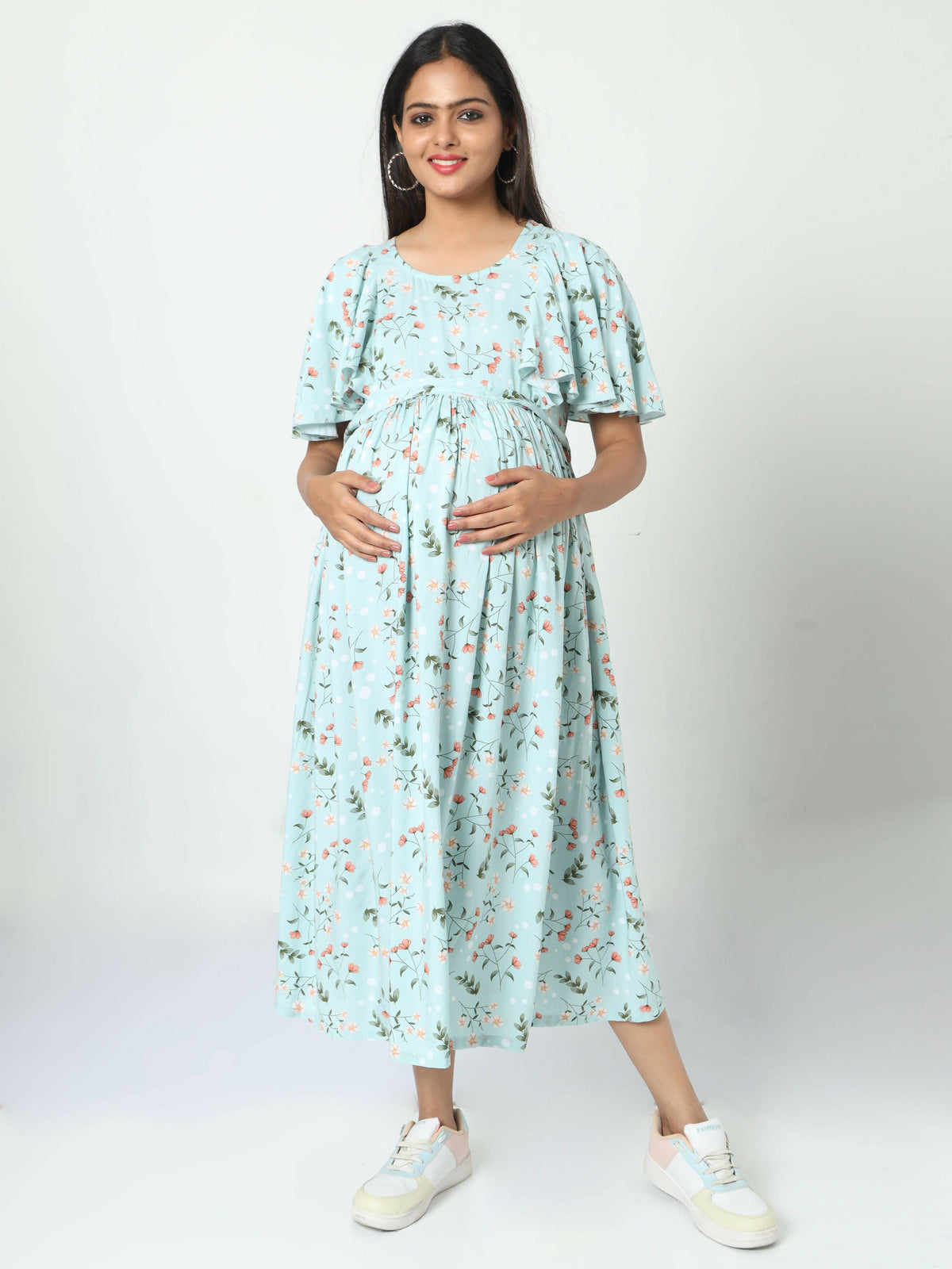 Manet Frill With Sleeve Maternity Dress Floral Print With Concealed Zipper Nursing Access - Green | Grocsy