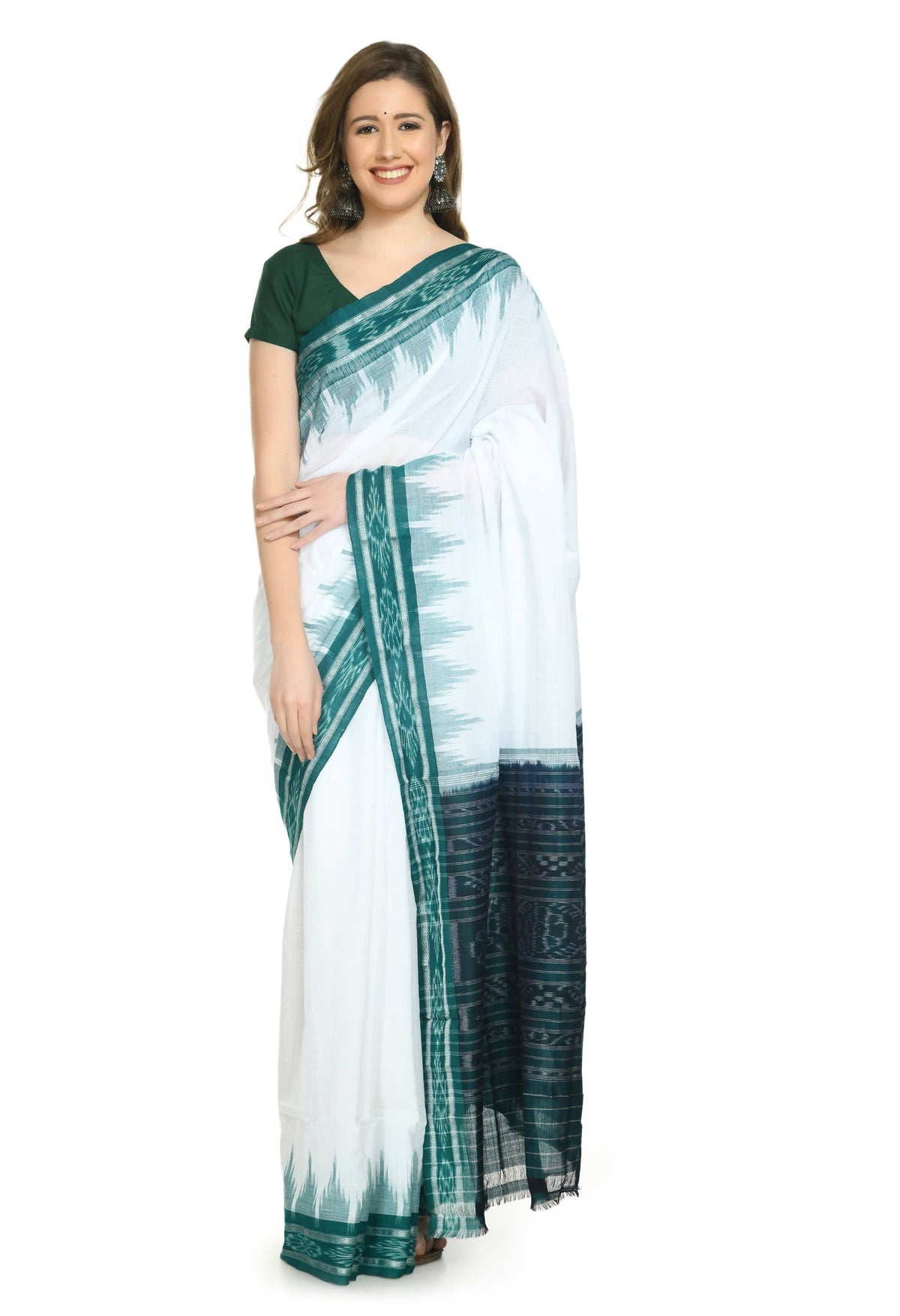 Vamika Sambalpuri Ikat Cotton Plane Kunbha White & Green Saree | Grocsy