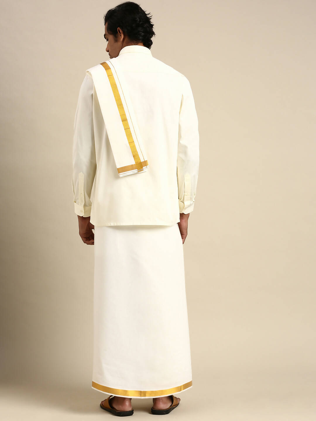 Ramraj Cotton Wedding Cream Zari Dhoti with shirt Bit & Towel Set Subamangalam 50k | Grocsy