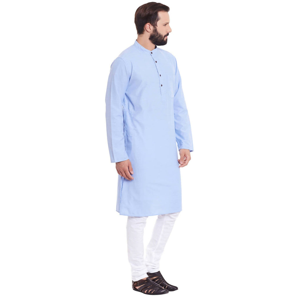 Even Apparels Blue Color Pure Cotton Men's Kurta With Band Collar | Grocsy