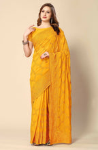 Mustard Georgette Embroidered and Stone Work Saree with Unstitched Blouse Piece - Roozal | Grocsy