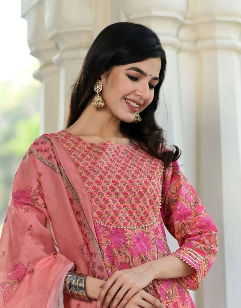 Yufta Pink Handblocked Printed Kurta with Trouser and Dupatta | Grocsy
