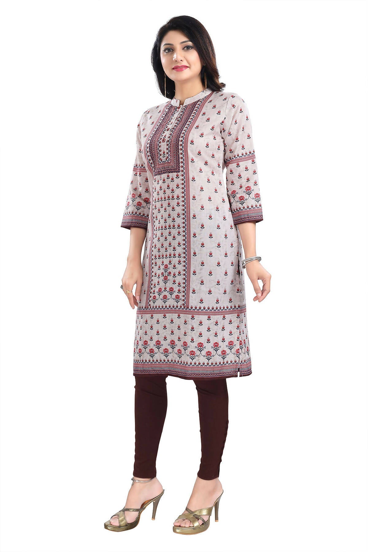 Snehal Creations Charming Cream Digital Print Cotton Slub Long Kurti Tunic | Grocsy