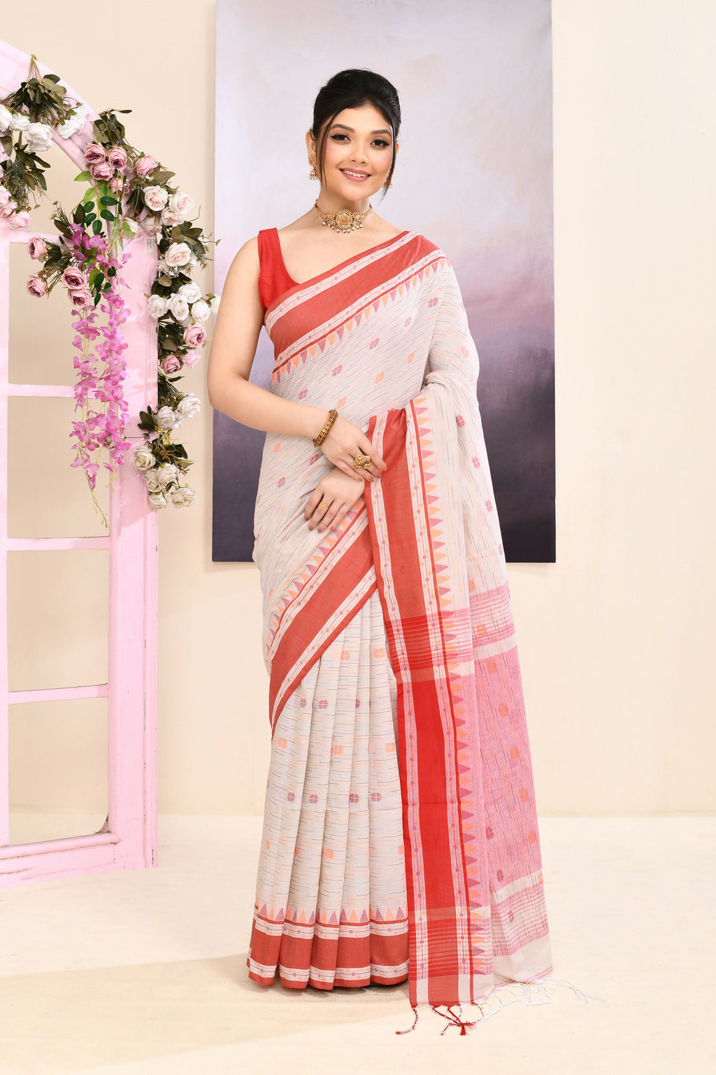 Piyari Fashion Women's Beige Embellished Cotton Saree | Grocsy