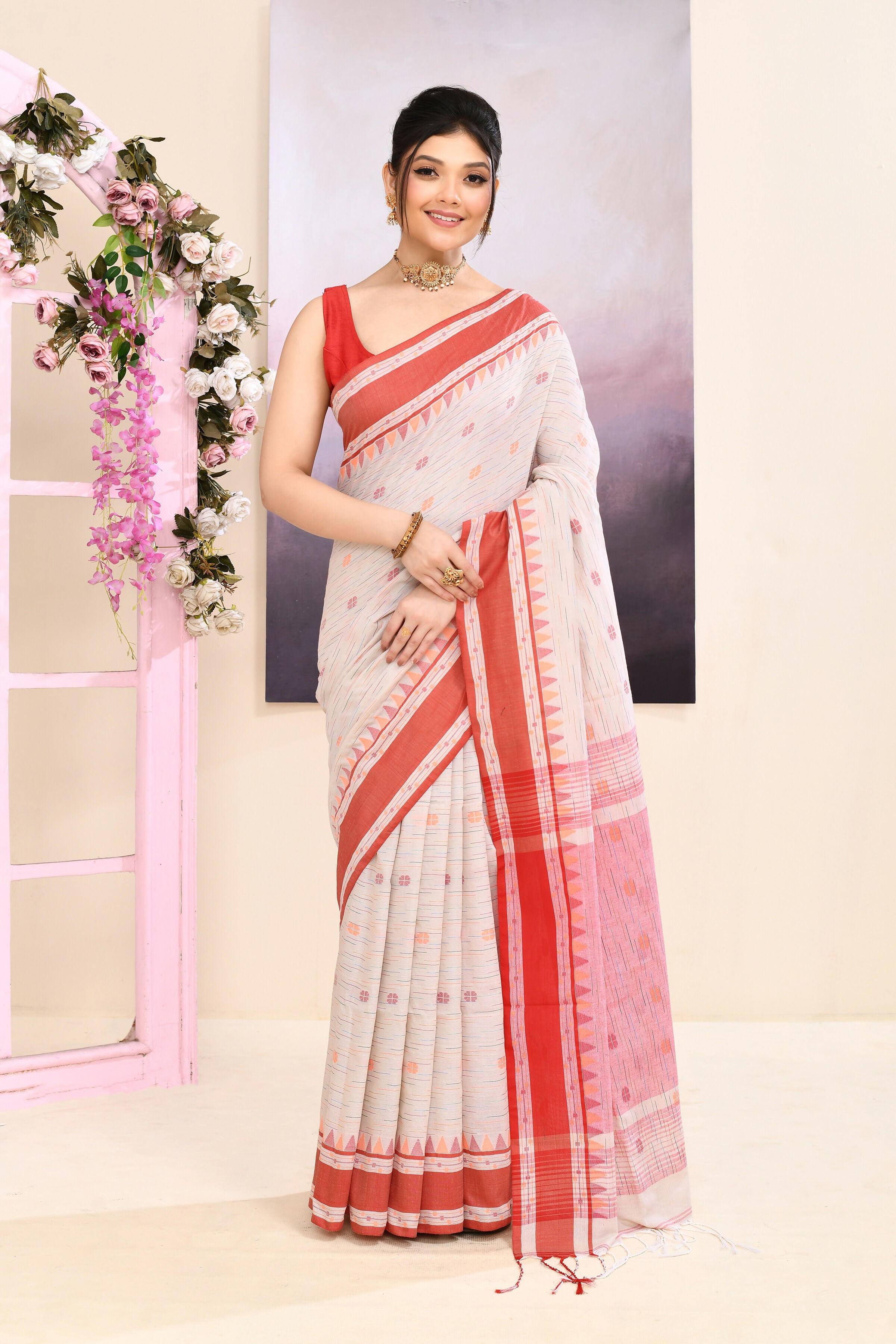 Piyari Fashion Women's Beige Embellished Cotton Saree | Grocsy