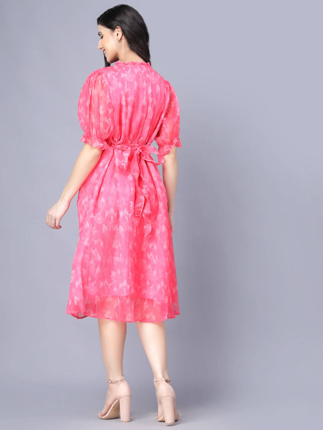 Myshka Women Pink White Floral Organic Cotton Midi Dress | Grocsy