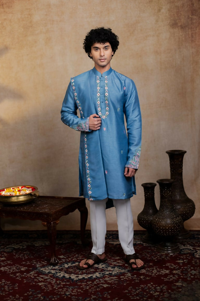 Falling Raw Silk Blue Varnika Kurta Set By Hilo Design | Grocsy