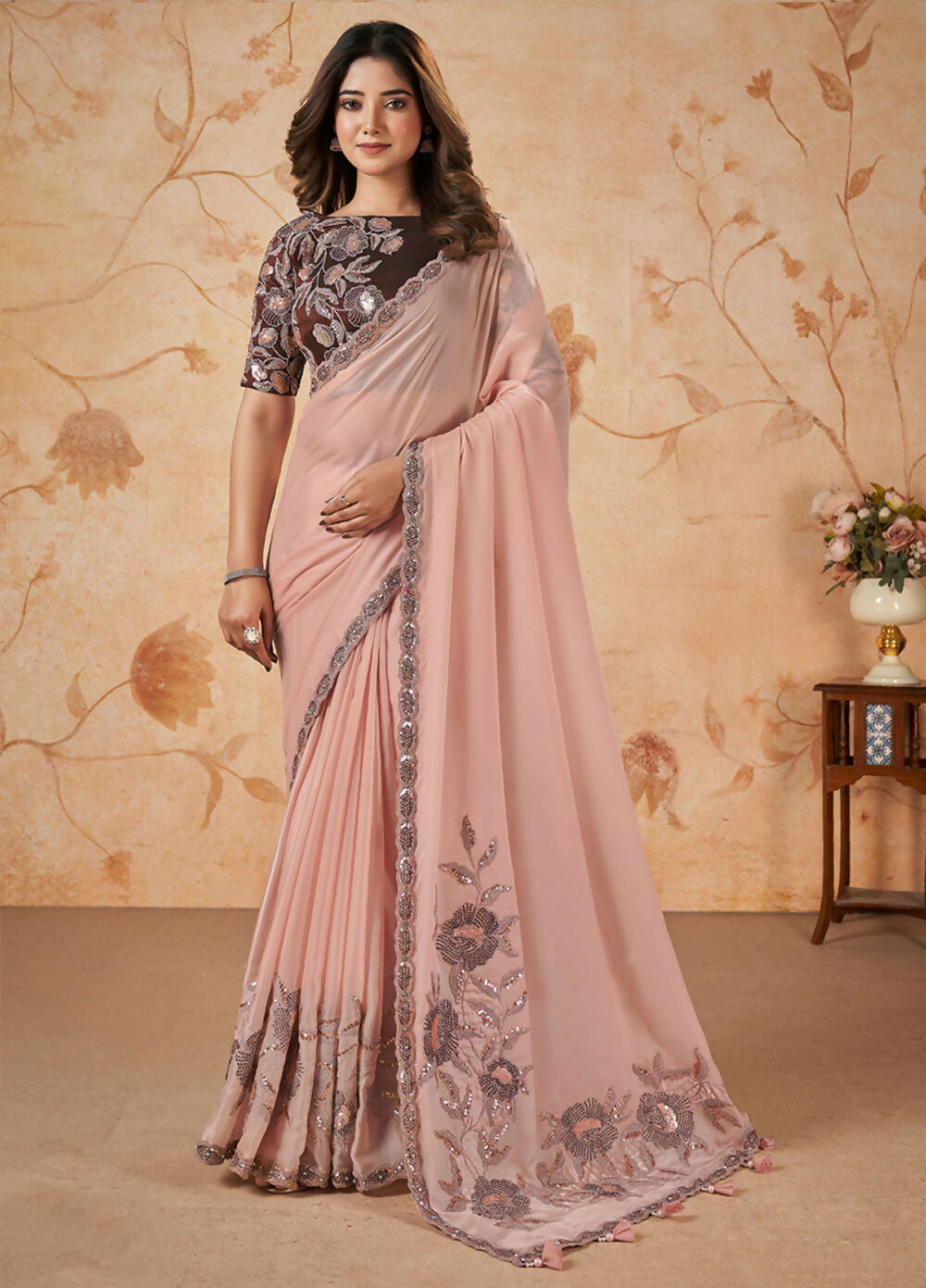 Peach Crepe Satin Silk Thread, Sequence, Cord Embroidered with Stone Work Saree - Mohmanthan Dakshika | Grocsy