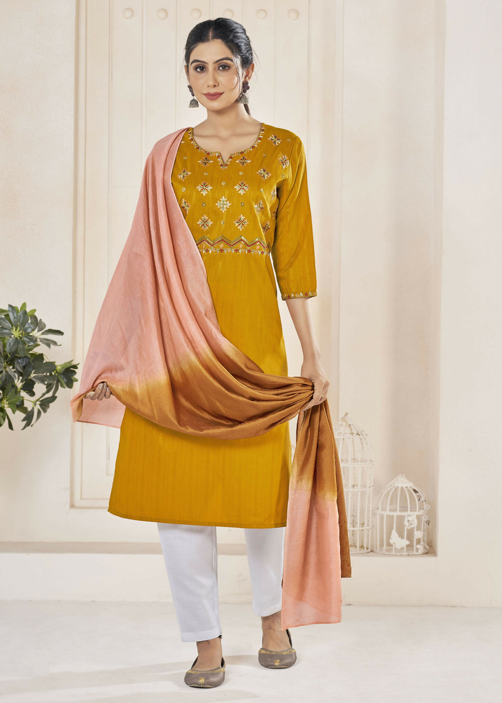 Jyoti Fashion Women's Mustard Pure Viscose Weaving Stripe with Embroidery Kurta Set | Grocsy
