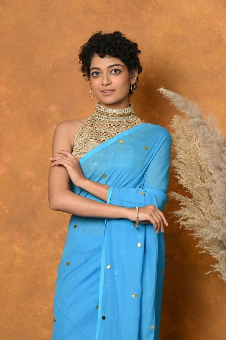 Very Much Indian Pure Mul Cotton Handloom Saree - Sky Blue | Grocsy