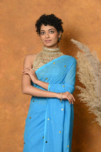 Very Much Indian Pure Mul Cotton Handloom Saree - Sky Blue | Grocsy
