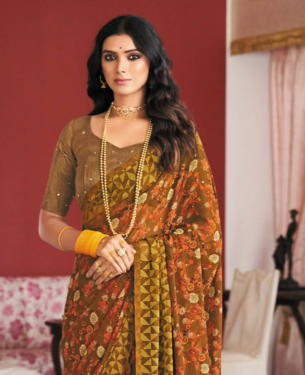Brown Georgette Brasso Floral Printed Saree With Unstitched Blouse Piece - Zyanya | Grocsy