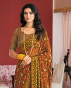 Brown Georgette Brasso Floral Printed Saree With Unstitched Blouse Piece - Zyanya | Grocsy