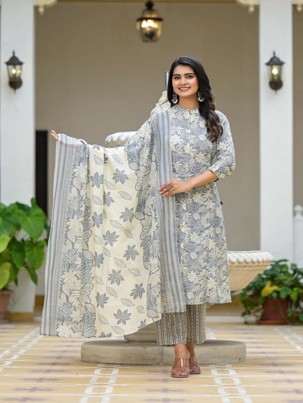 Juniper Women's Grey Floral Printed Cotton Kurta Set With Buttons | Grocsy
