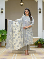 Juniper Women's Grey Floral Printed Cotton Kurta Set With Buttons | Grocsy